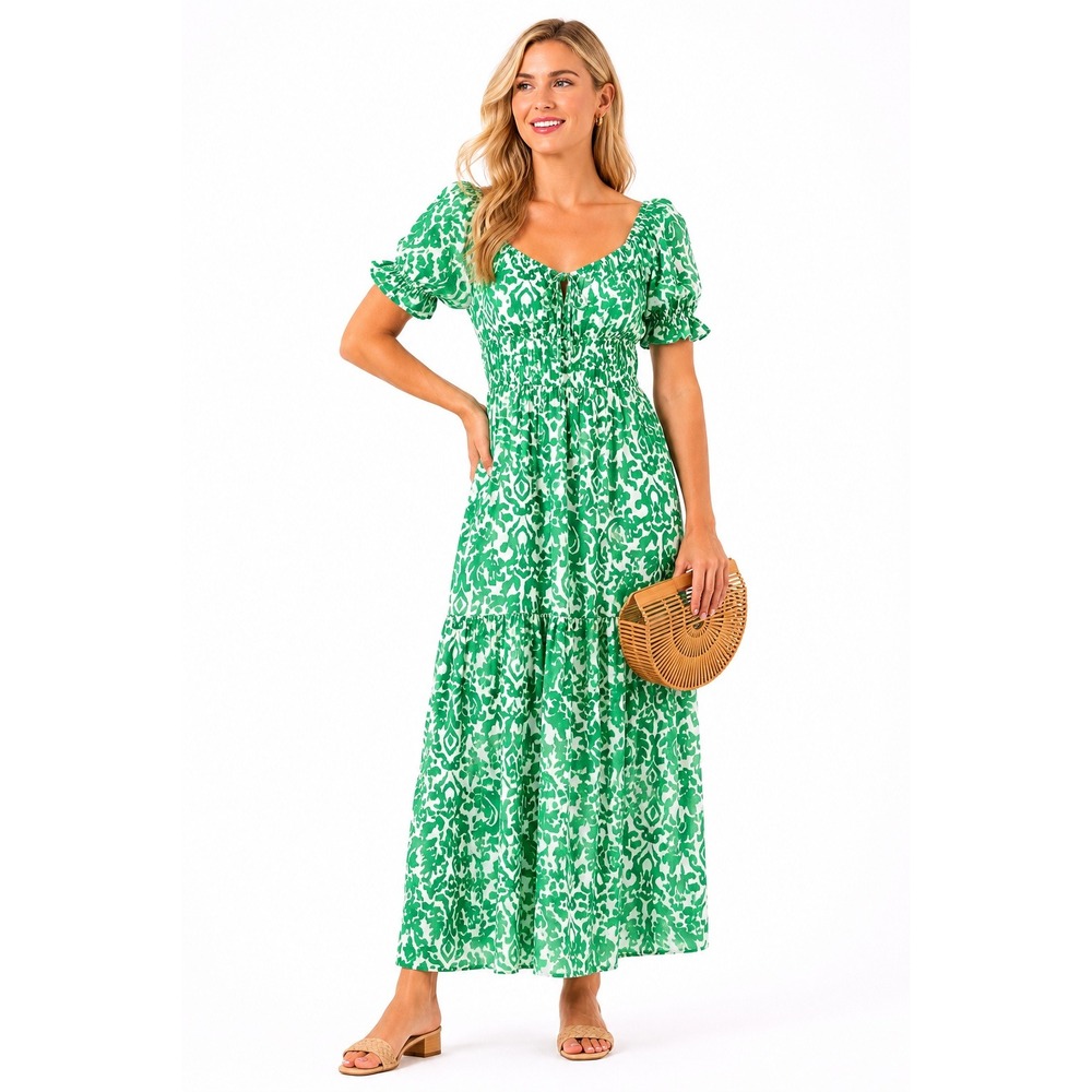Dizzy Lizzy Green‎ Damask Print Puff Sleeve Smocked Maxi Dress Womens M NWOT